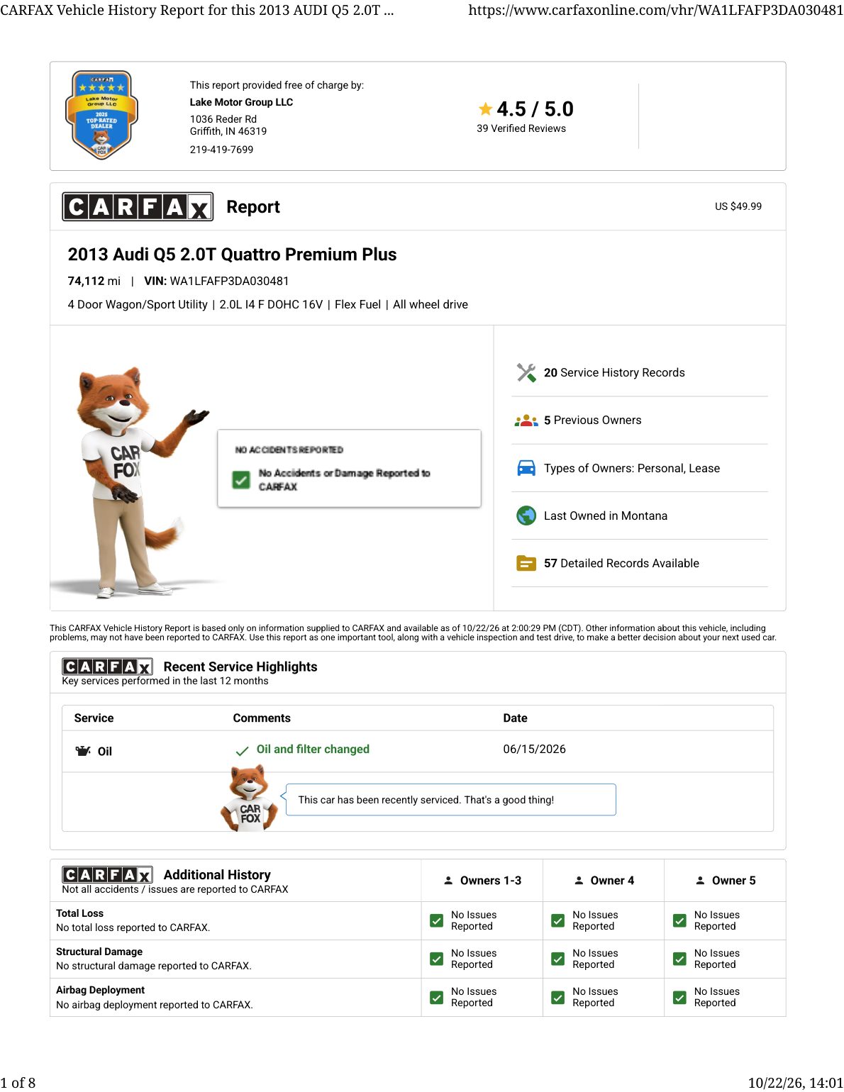 CARFAX vehicle history report — first page