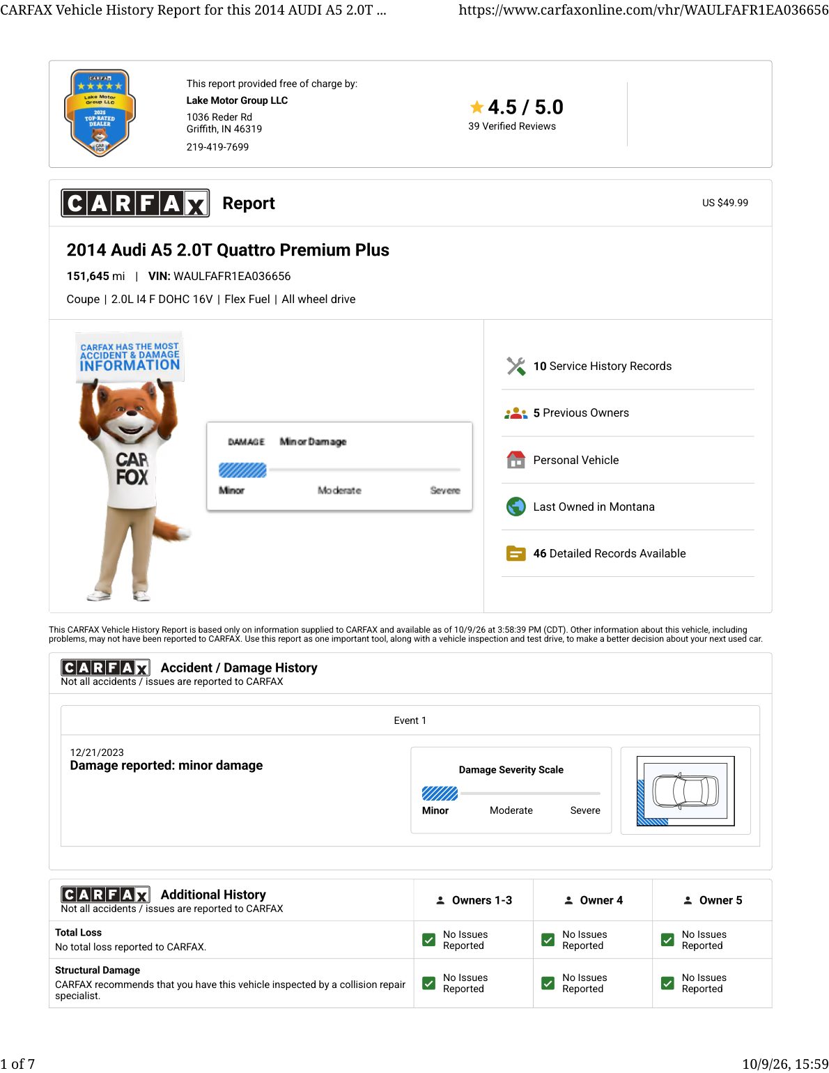 CARFAX vehicle history report — first page