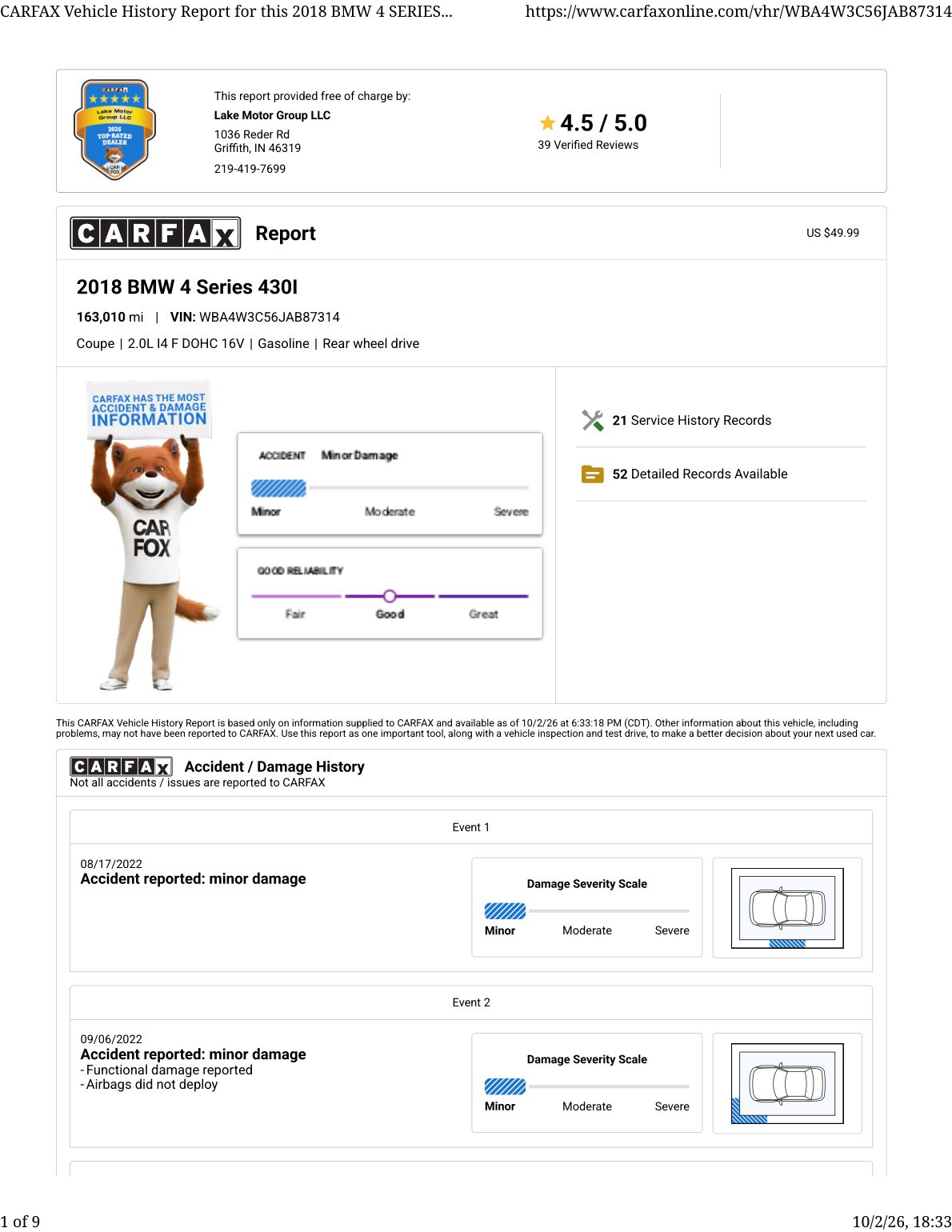 CARFAX vehicle history report — first page