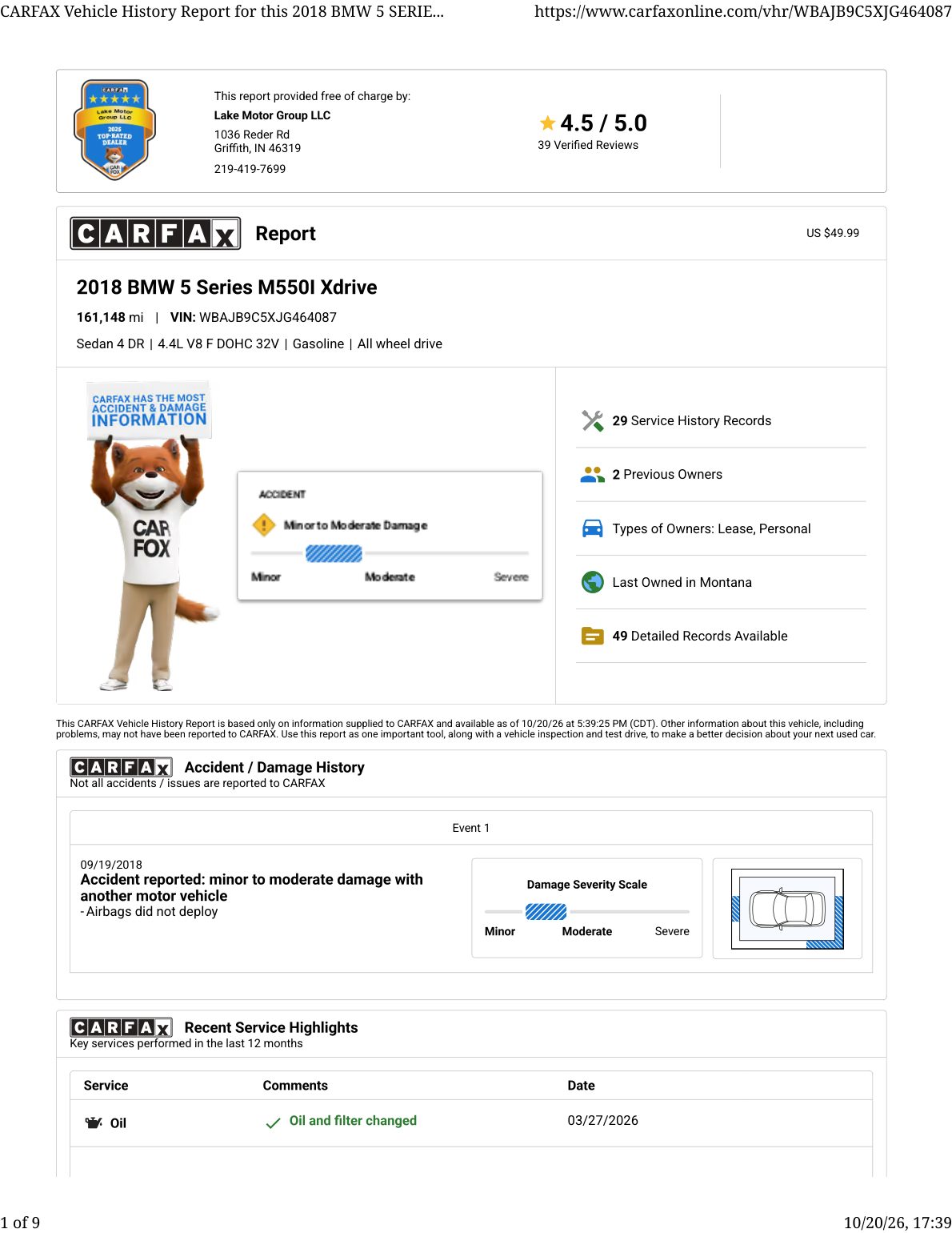 CARFAX vehicle history report — first page